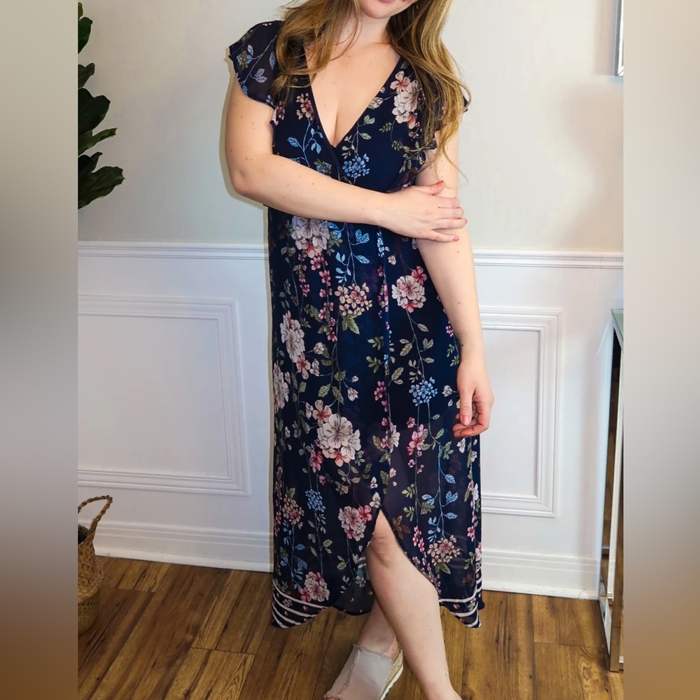 Maurices Navy Floral Maxi Dress with Ruffle Sleeves E